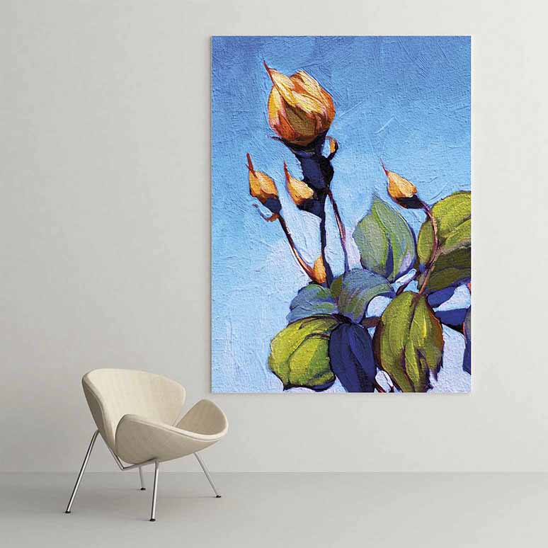 Mavi Fon Üzerinde Tomurcuk Çiçek Temalı Kanvas Tablo 5209