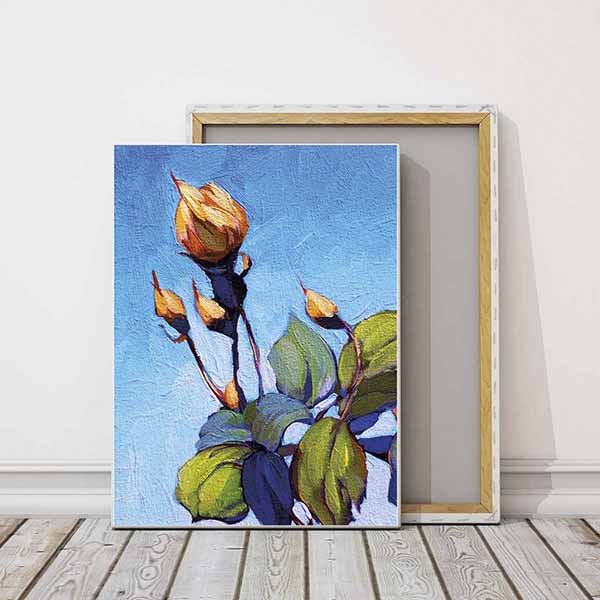 Mavi Fon Üzerinde Tomurcuk Çiçek Temalı Kanvas Tablo 5209