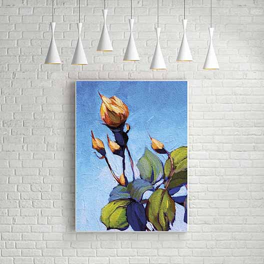 Mavi Fon Üzerinde Tomurcuk Çiçek Temalı Kanvas Tablo 5209