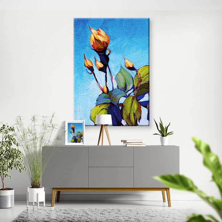 Mavi Fon Üzerinde Tomurcuk Çiçek Temalı Kanvas Tablo 5209