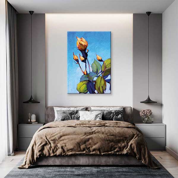 Mavi Fon Üzerinde Tomurcuk Çiçek Temalı Kanvas Tablo 5209