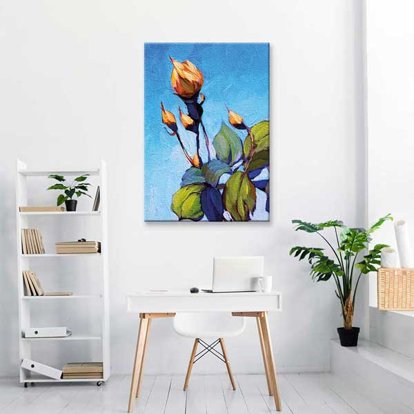 Mavi Fon Üzerinde Tomurcuk Çiçek Temalı Kanvas Tablo 5209