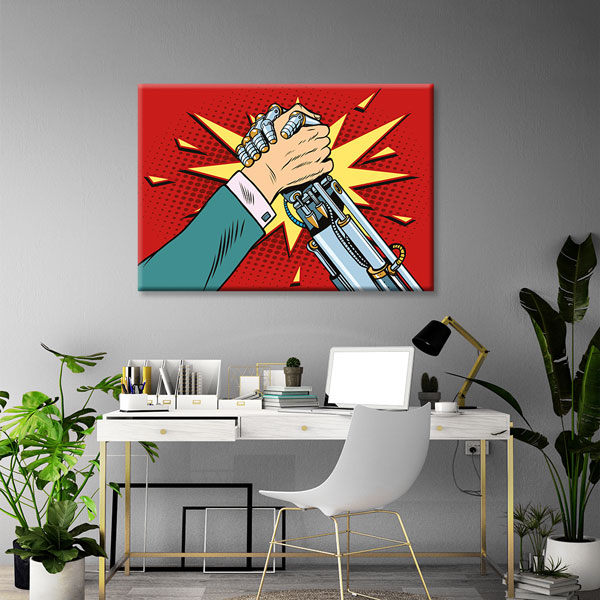 kanvas-tablolar-5446-03 İnsan ve Robot Güç Birliği Temalı Kanvas Duvar Tablosu – 5446