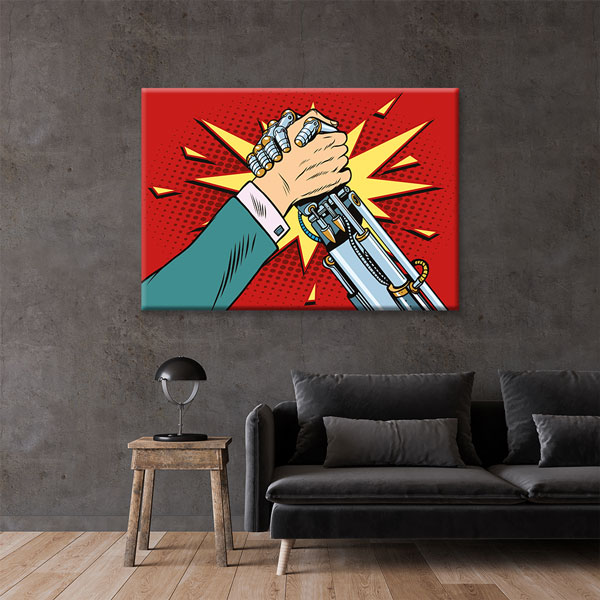 kanvas-tablolar-5446-05 İnsan ve Robot Güç Birliği Temalı Kanvas Duvar Tablosu – 5446