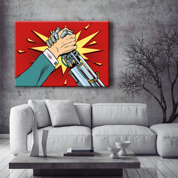 kanvas-tablolar-5446-06 İnsan ve Robot Güç Birliği Temalı Kanvas Duvar Tablosu – 5446