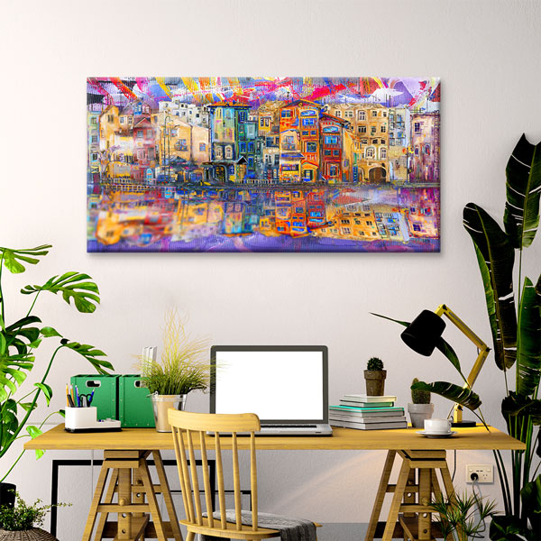 Renkli Evler ve Suya Yansıma Desenli Kanvas Tablo – 5551