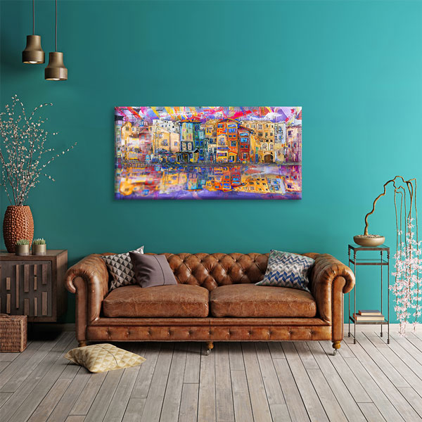 Renkli Evler ve Suya Yansıma Desenli Kanvas Tablo – 5551