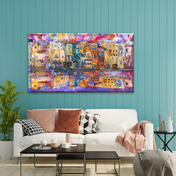 Renkli Evler ve Suya Yansıma Desenli Kanvas Tablo – 5551