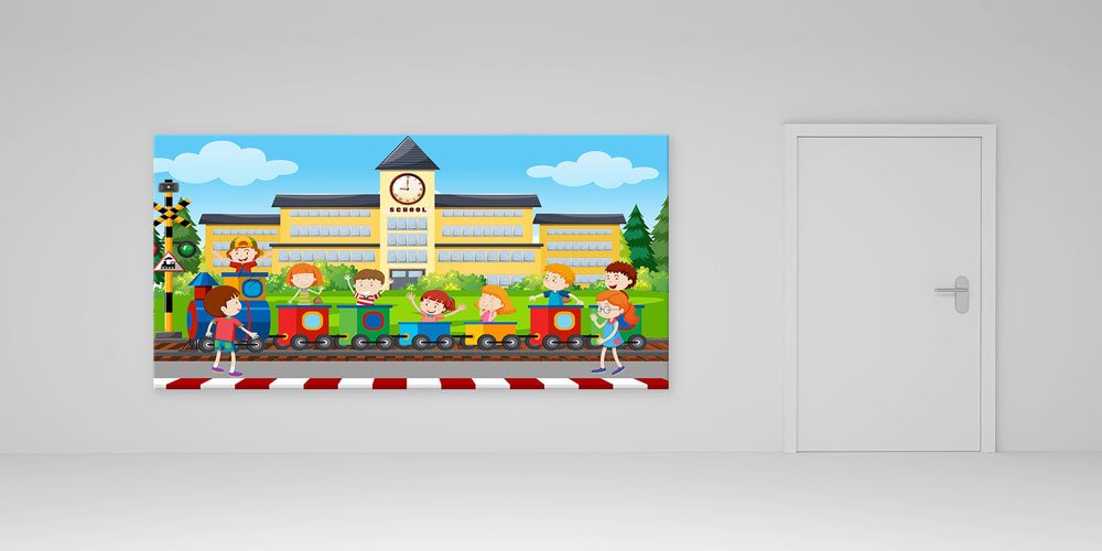 kids-school-wall-decoration-10234-04 Bu duvar tablosu okul önünde minik bir tren 10234