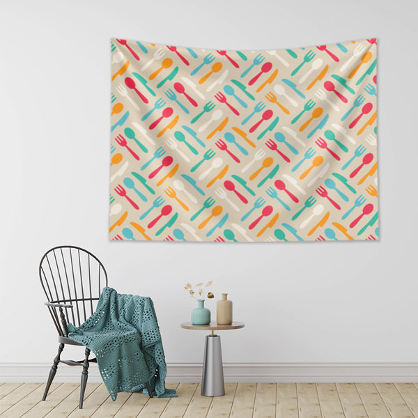 Renkli Çatal Kaşık Bıçak Desenli Duvar Örtüsü 8331