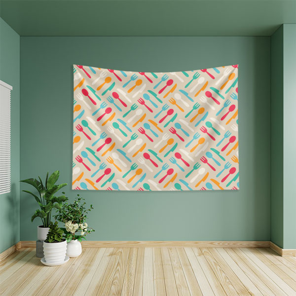 Renkli Çatal Kaşık Bıçak Desenli Duvar Örtüsü 8331