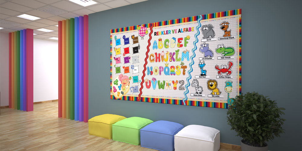 Bu duvar dekoru Renkler ve Alfabe temalı interaktif 10196