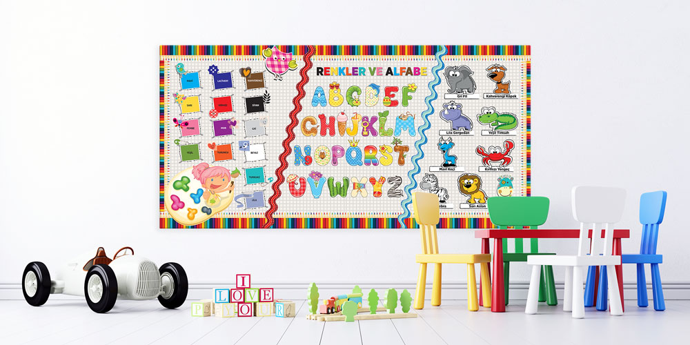 Bu duvar dekoru Renkler ve Alfabe temalı interaktif 10196