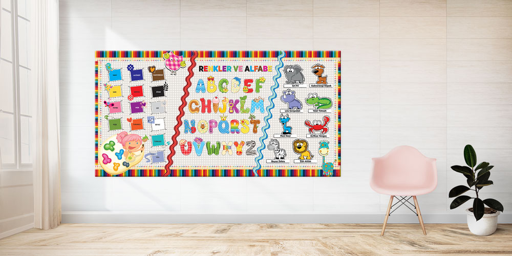 Bu duvar dekoru Renkler ve Alfabe temalı interaktif 10196