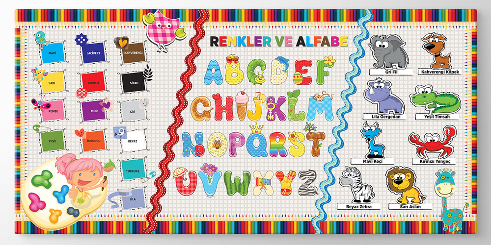 Bu duvar dekoru Renkler ve Alfabe temalı interaktif 10196