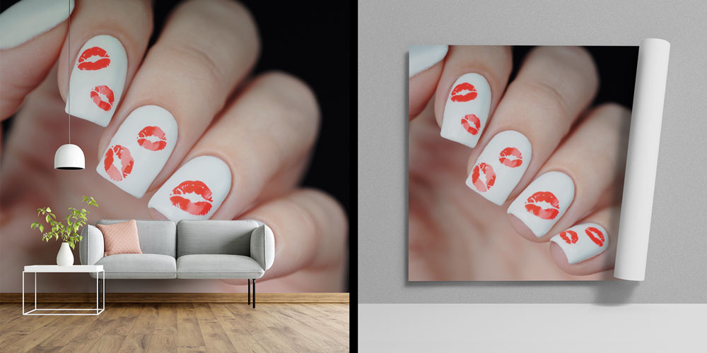 Kırmızı Dudak İzi Desenli Tırnak Görselli Kuaför Duvar Kağıdı 5704