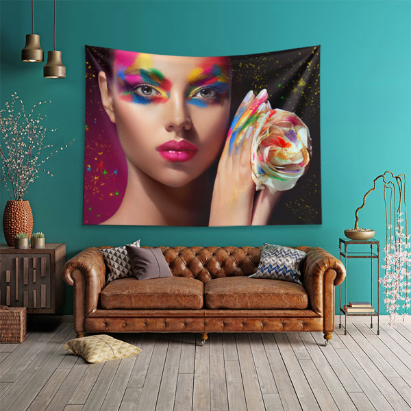 kuafor-dekorasyon-5738-01 Renkli Makyajlı Kadın ve Çiçek Temalı Sanatsal Duvar Örtüsü 5738