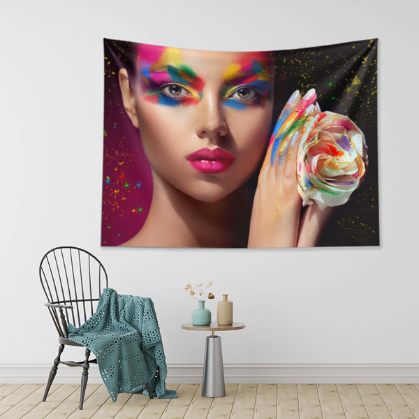 kuafor-dekorasyon-5738-02 Renkli Makyajlı Kadın ve Çiçek Temalı Sanatsal Duvar Örtüsü 5738