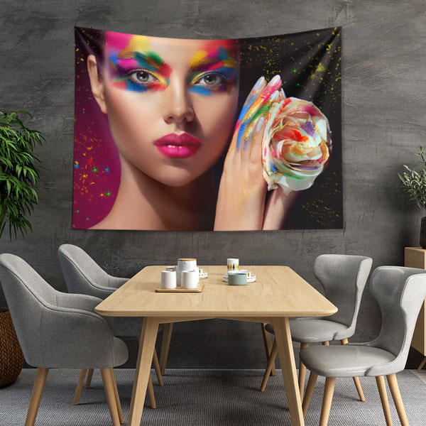 kuafor-dekorasyon-5738-03 Renkli Makyajlı Kadın ve Çiçek Temalı Sanatsal Duvar Örtüsü 5738
