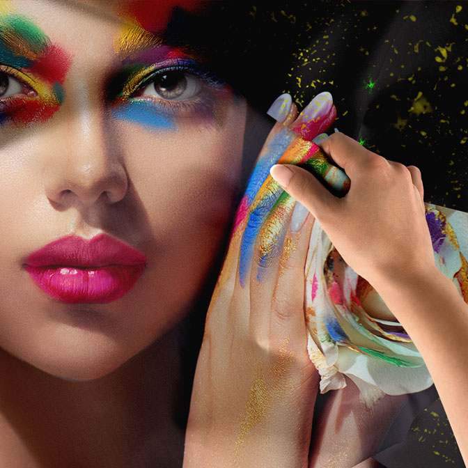 kuafor-dekorasyon-5738-04 Renkli Makyajlı Kadın ve Çiçek Temalı Sanatsal Duvar Örtüsü 5738