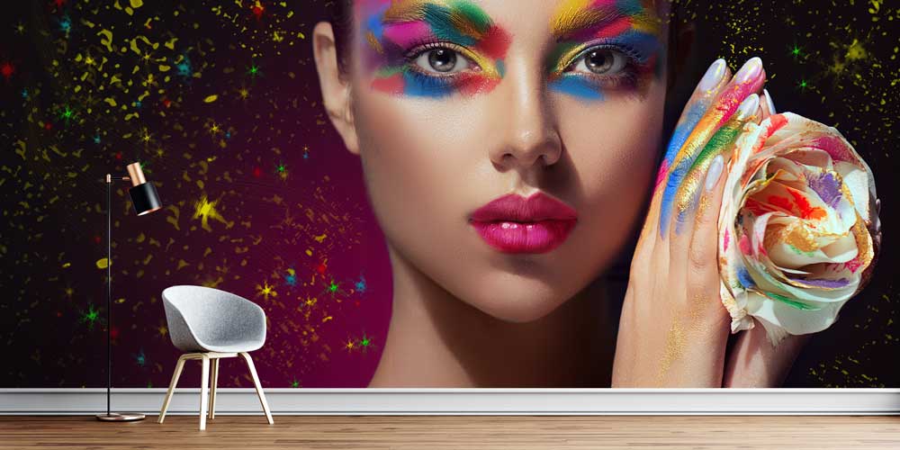 Renk Patlaması Temalı Kadın Portreli Kuaför Duvar Kağıdı 5700