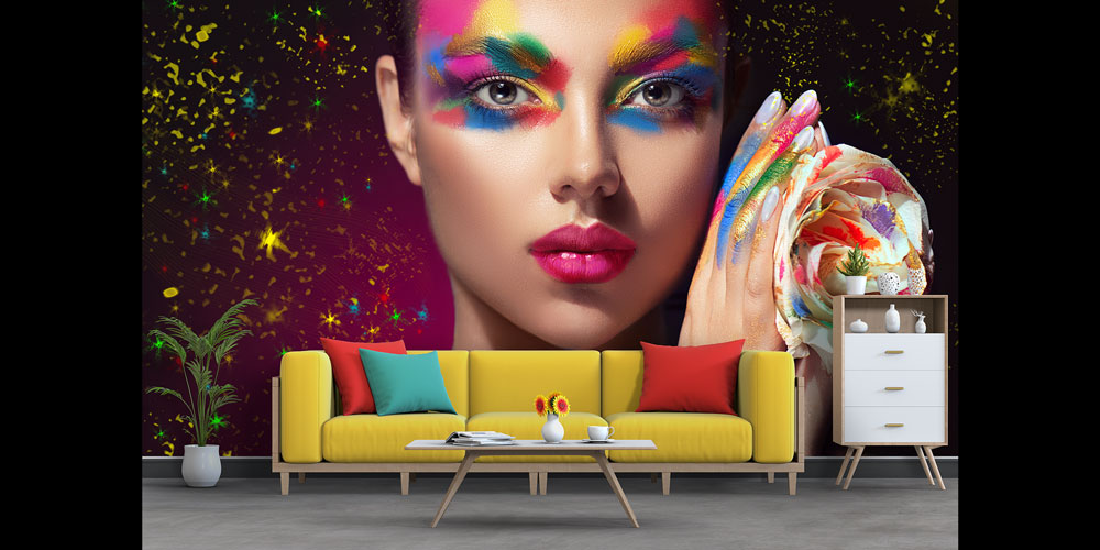 Renk Patlaması Temalı Kadın Portreli Kuaför Duvar Kağıdı 5700