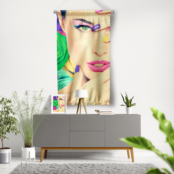 Renkli Makyaj Temalı Kadın Portre Tasarımlı Kuaför Duvar Flaması Kumaş Baskı 5760