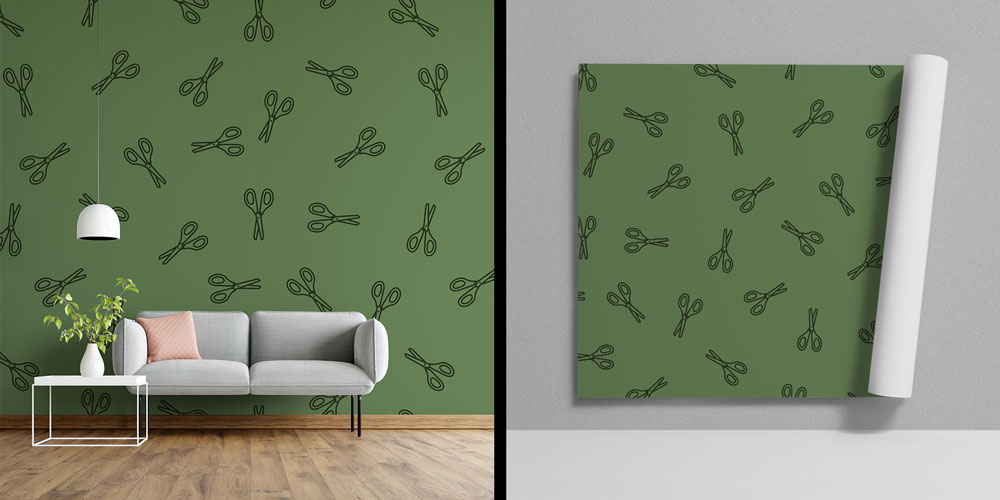 Yeşil Zemin Üzerine Makas Desenli Kuaför Duvar Kağıdı 5694