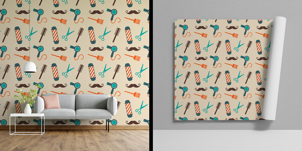 Renkli Barber İkon Desenli Kuaför Duvar Kağıdı 5693