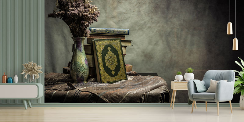 Kur’an-ı Kerim Kitap ve Vazolu İslami Duvar Kağıdı 10497