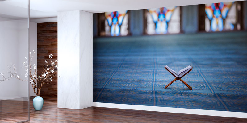 Kur’an-ı Kerim Rahle Üzerinde Mavi Zemin İslami Duvar Kağıdı 10494