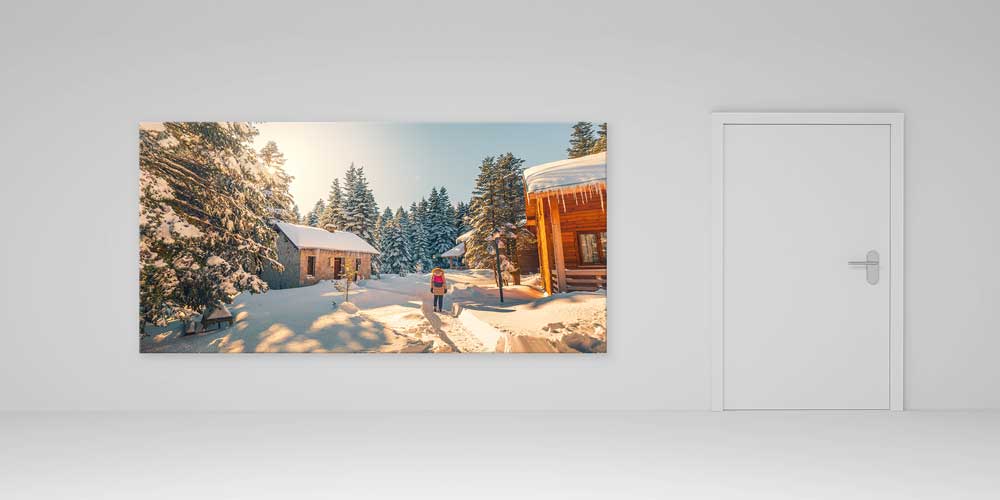 Karlı Orman ve Ahşap Evler Manzaralı Büyük Ebatlı Duvar Dekoru 11926