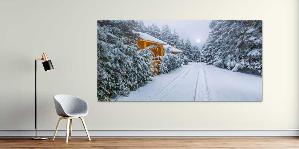 Karlı Orman Yolu ve Ahşap Dağ Evi Manzaralı Büyük Ebatlı Duvar Dekoru 11927