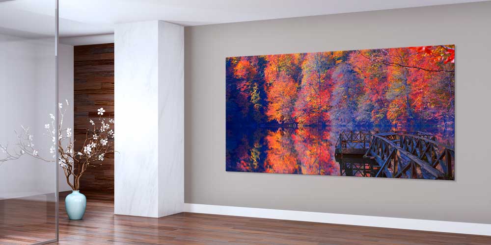 Göl Yansımalı Sonbahar Ormanı ve Ahşap İskele Panorama Duvar Dekoru 11945