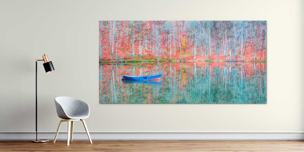 Göl Üzerinde Mavi Kayık ve Sonbahar Yansımaları Panorama Büyük Ebatlı Duvar Dekoru 11955