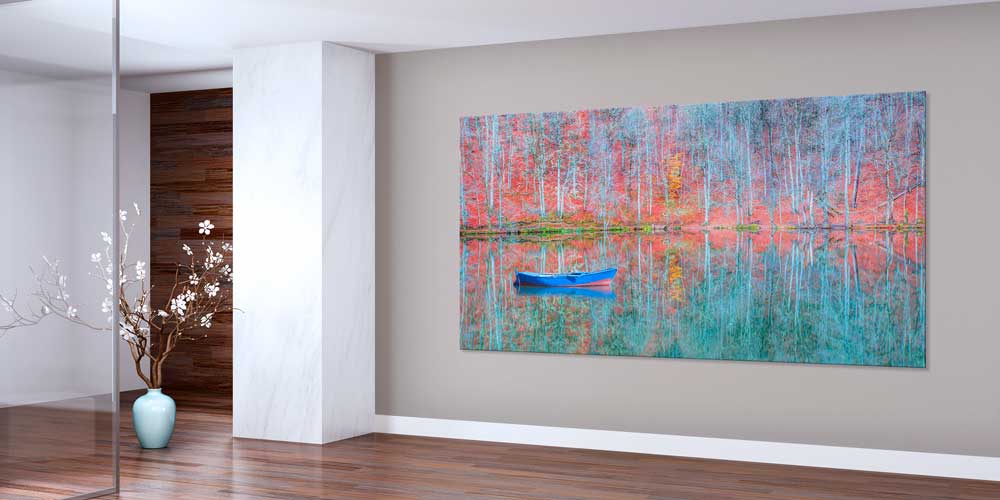 Göl Üzerinde Mavi Kayık ve Sonbahar Yansımaları Panorama Büyük Ebatlı Duvar Dekoru 11955