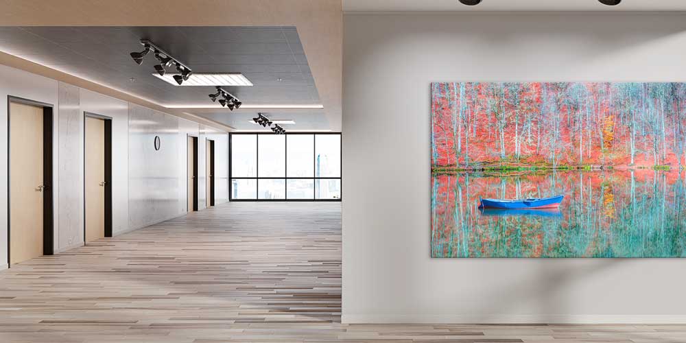 Göl Üzerinde Mavi Kayık ve Sonbahar Yansımaları Panorama Büyük Ebatlı Duvar Dekoru 11955