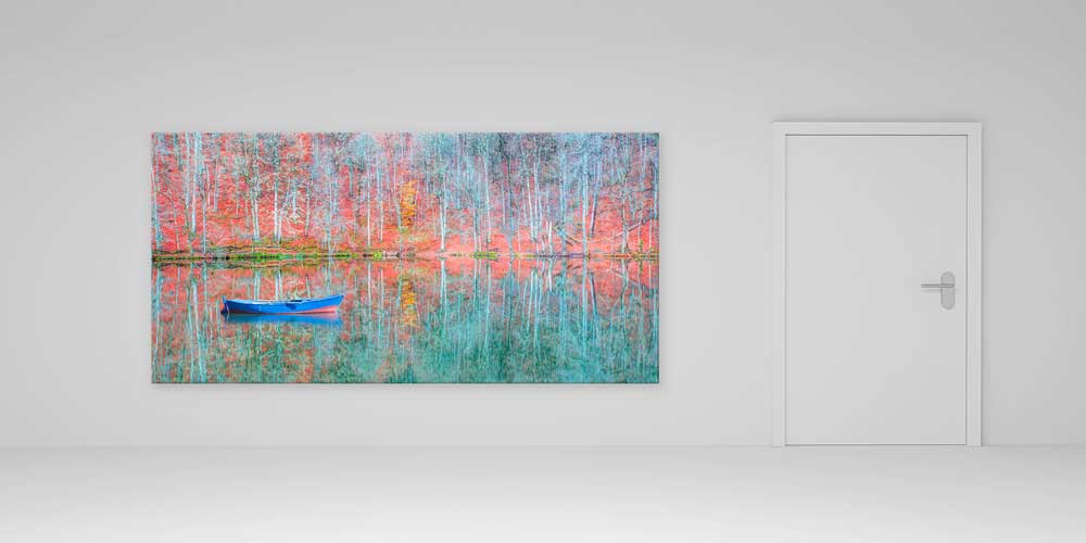 Göl Üzerinde Mavi Kayık ve Sonbahar Yansımaları Panorama Büyük Ebatlı Duvar Dekoru 11955