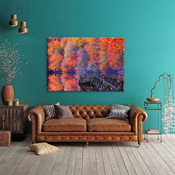 Sonbahar Renkleri ve Göl Yansıması Ahşap İskele Kanvas Tablo 12119