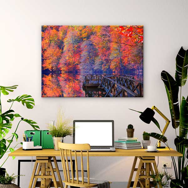 Sonbahar Renkleri ve Göl Yansıması Ahşap İskele Kanvas Tablo 12119