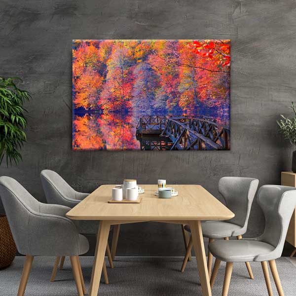 Sonbahar Renkleri ve Göl Yansıması Ahşap İskele Kanvas Tablo 12119