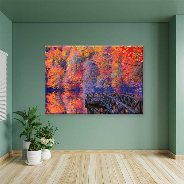 Sonbahar Renkleri ve Göl Yansıması Ahşap İskele Kanvas Tablo 12119