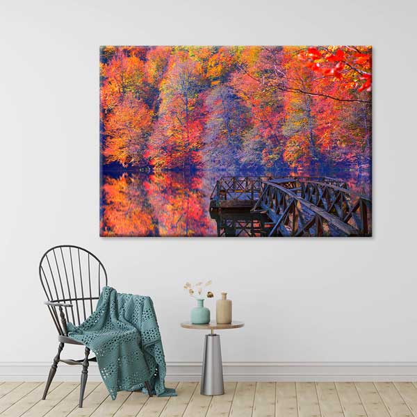 Sonbahar Renkleri ve Göl Yansıması Ahşap İskele Kanvas Tablo 12119