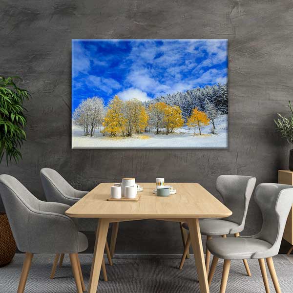 Karlı Zeminde Sarı Ağaçlar ve Mavi Gökyüzü Kanvas Tablo 12120