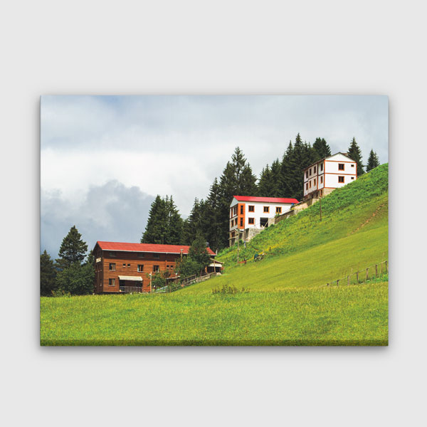 Yeşil Yamaçta Dağ Evleri Manzarası Kanvas Tablo 12126