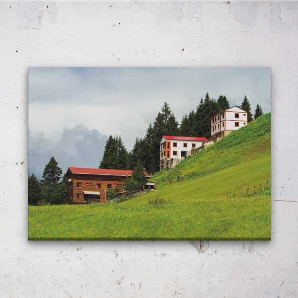 Yeşil Yamaçta Dağ Evleri Manzarası Kanvas Tablo 12126