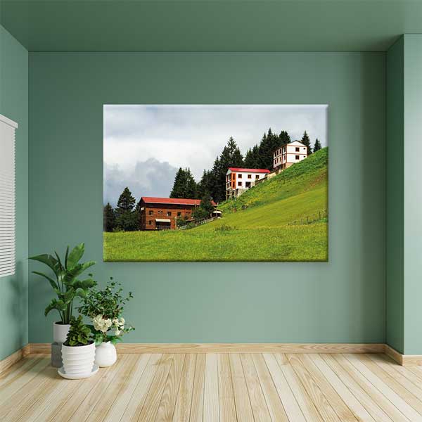 Yeşil Yamaçta Dağ Evleri Manzarası Kanvas Tablo 12126