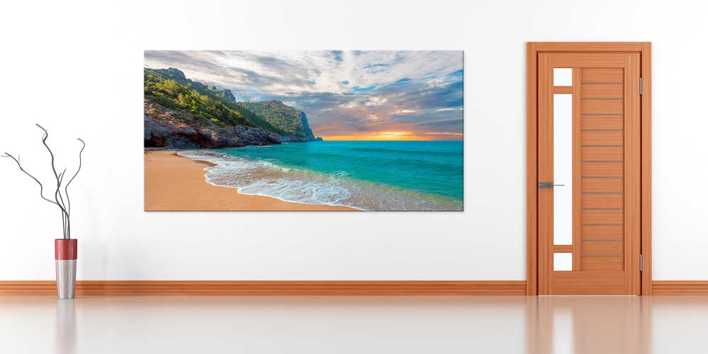 Turkuaz Deniz ve Kayalık Sahil Gün Batımı Büyük Ebat Duvar Dekoru 11876