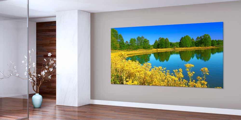large-size-decor-14140-01 Sarı Çiçeklerle Çevrili Sakin Göl Manzarası Büyük Ebat Duvar Dekor Ürünü 14140