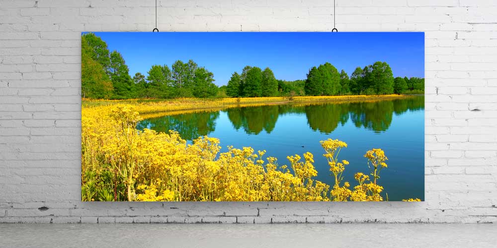large-size-decor-14140-02 Sarı Çiçeklerle Çevrili Sakin Göl Manzarası Büyük Ebat Duvar Dekor Ürünü 14140